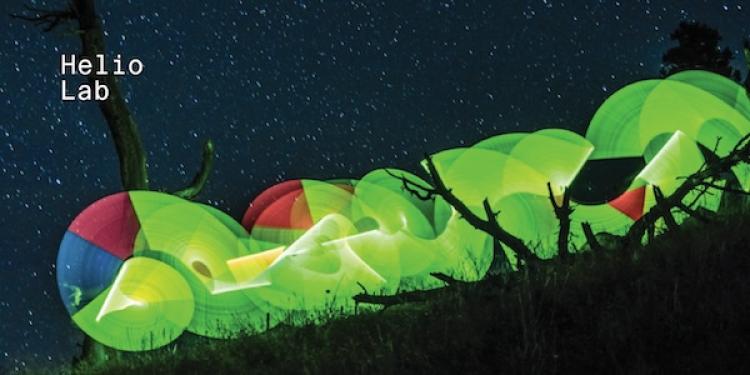 Link to Helio Lab page with graphic of neon circular patterns against a night sky